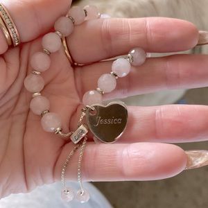 Silver and Pale pink beaded bracelet ‘Jessica’ engraved name